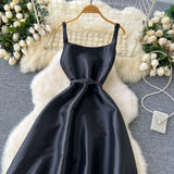 Niulatu A line Straps Black Satin Holiday Dresses Midi Length Women's Dress SD1272