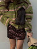 Autumn And Winter Trendy Retro Round Collar Loose Striped Sweater Cardigan Knit Coat Lazy Wind Top Woman HZ0108
