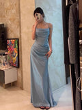 Niulatu Mermaid Spaghetti Straps Blue Sequin Prom Dresses Birthday Outfits With Ruffle SD1139