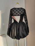 Niulatu Ball Gown Spaghetti Straps Black Lace Travel Vacation Dresses Short Satin Birthday Dress SD1244