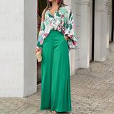 Women's 2025 Spring Sets Easier Elegant Casual Printed Shirts Broad Legs Fashion Set Women HZ0108