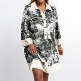 2025 Women's Spring And Winter New Fashion Casual Ink Print Collar Half-Sleeved A-Shaped Dress Women HZ0108