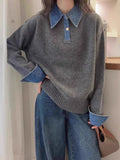 Cowboy Sleeve Splicing Fake Two Sweaters Women's Autumn/Winter 2025 Women's Loose POLO Collar Knitted Knitted Jersey HZ0108