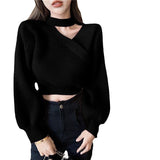 Hanging Neck Knitted Shirt Women 2025 Spring And Autumn Design Small Fried Street Lantern Sleeve Sweater Pure Lusty Dew Shoulder Coat HZ0108