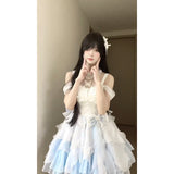 Vintage Ball Gown High Neck Light Sky Blue Chiffon Short Summer 18th Birthday Dress Lolita Dress Birthday Outfits HZ1214