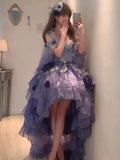 Vintage Ball Gown Spaghetti Straps Grape Chiffon Summer 18th Birthday Dress High Low Ombre Blue Pearls Lolita Dress Birthday Outfits HZ1214