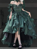 Princess Ball Gown Off The Shoulder Short Sleeves Dark Green High Low Floral 16th Chiffon Birthday Dress Lolita Dress 18th Birthday Outfits HZ1214