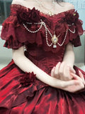 Retro Ball Gown Off The Shoulder Short Sleeves Burgundy Floral 16th Chiffon Birthday Dress Lolita Dress 18th Birthday Outfits HZ1214