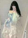 Vintage Ball Gown Square Long Sleeves White Chiffon Summer 18th Birthday Dress Lolita Dress Birthday Outfits HZ1214