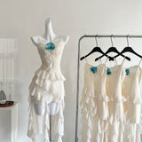 Cute Sheath Spaghetti Straps Ivory Ruffles Casual Dress Summer Outfits Short Holiday Dresses HZ1214