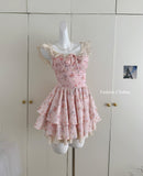 Cute Ball Gown Square Satin Floral Pink Short Summer Dress Holiday Party Outfits For Women HZ1214