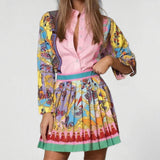 2025 Autumn Women's New Printed Long-Sleeved Shirt Top + 100-Folded Skirt Set Women's Two-Piece HZ0108