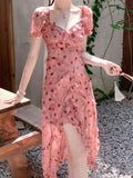 Niulatu Sheath V Neckline Ruffled Pink Chiffon Floral Beach Dress Women's Vacation Dresses SD1138