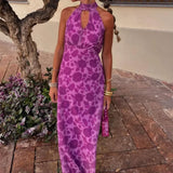 2025 New Hanging Neck Sleeveless Dress Bare Back High-Rise Printed Long Dress Famous Wind Thin HZ0108