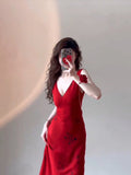 Niulatu Mermaid V Neckline Christmas Dress Red Satin Prom Dresses Birthday Outfits SD1170