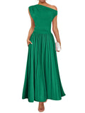 2025 Summer Slanted Shoulder Sexy Waist Solid Color Long With Pocket Dress HZ0108