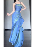 Niulatu Mermaid Spaghetti Straps Blue Long Prom Dress Birthday Dresses Birthday Outfits SD1165