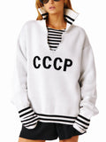 Hot Soviet Collar Knitting Top Loose Letter Striped Long-Sleeved Sweater Fashion Women's Clothing HZ0108