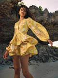 Summer Holiday Breeze Floral Dress Women's A-Shaped Dress Deep V-Neck Bubble Sleeves Slimmed Back Thin Babes HZ0108