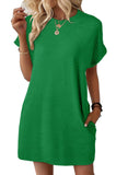 2025 Summer New Loose Round Collar Pocket Solid Color Short-Sleeved Dress Woman HZ0108