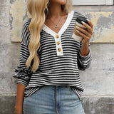 TK2025 New Lady V-Neck Button Casing Splicing Casual Long-Sleeved Color T-Shirt HZ0108