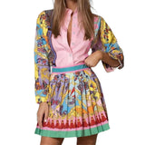 2025 Autumn Women's New Printed Long-Sleeved Shirt Top + 100-Folded Skirt Set Women's Two-Piece HZ0108