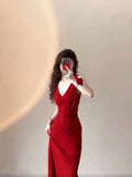 Niulatu Mermaid V Neckline Christmas Dress Red Satin Prom Dresses Birthday Outfits SD1170