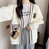 Crash V-Neck Embroidered Bear Knitted Cardigan Women's Autumn And Winter New College Style Loose Lazy Sweater Jacket HZ0108