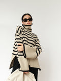 Striped Turtleneck Sweater Women 2025 Autumn And Winter New Loose Lazy Wind Open Fork Knitting Jacket Woman HZ0108