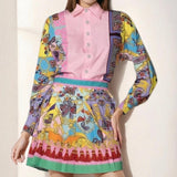 2025 Autumn Women's New Printed Long-Sleeved Shirt Top + 100-Folded Skirt Set Women's Two-Piece HZ0108