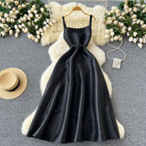 Niulatu A line Straps Black Satin Holiday Dresses Midi Length Women's Dress SD1272
