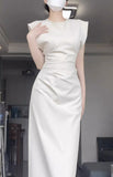 Niulatu Mermaid Satin White Prom Dresses Birthday Outfits With Ruffle SD1143