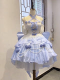 Vintage Ball Gown Spaghetti Straps Short Chiffon Summer 18th Birthday Dress High Low Ombre Blue Pearls Lolita Dress Birthday Outfits HZ1214