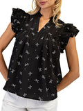 2025 Summer New V-Neck Multi-Layer Lotus Leaf Sleeve Sweet Print Lady Shirt HZ0108