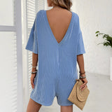 2025 New Lady Loose Pocket Back V-Neck Short-Sleeved Jumpsuit HZ0108