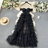 Niulatu A line Off The Shoulder Tulle Short Sleeves Black Tulle Holiday Dresses Ruffles Women Dress SD1269