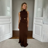 French Sleeveless High-Collar Cotton Wool Knitted Women's Spring Dress Temperament Gentle Low-Waisted Skirt Suit HZ0108