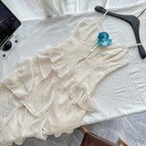 Cute Sheath Spaghetti Straps Ivory Ruffles Casual Dress Summer Outfits Short Holiday Dresses HZ1214