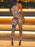 25 Summer New Women's Sexy Hot Girls Show Back Hanging Neck Fashion Print Thin Jumpsuits HZ0108