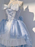 Vintage Ball Gown Halter Light Sky Blue Chiffon Short Summer 18th Birthday Dress Lolita Dress Birthday Outfits HZ1214