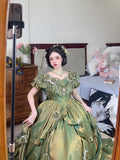 Retro Ball Gown Off The Shoulder Short Sleeves Green Rose Floral 16th Chiffon Birthday Dress Lolita Dress 18th Birthday Outfits HZ1214