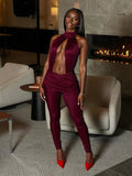 2025 New Women's Fashion Sexy All-Round Collar Hollow Folding Solid Color Jumpsuit HZ0108