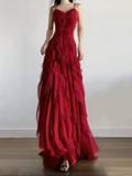 Niulatu Mermaid Spaghetti Straps Red Chiffon Ruffles Birthday Dresses Long Prom Dress SD1160