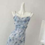Blue summer romance song neck halter design goddess dress long and short chiffon dress for women HZ1214