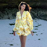 Summer Holiday Breeze Floral Dress Women's A-Shaped Dress Deep V-Neck Bubble Sleeves Slimmed Back Thin Babes HZ0108