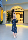 Niulatu holiday floral sling dress blue mesh mermaid dress HZ1103