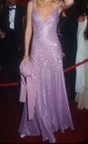 Niulatu Deep V Satin Beaded Evening Gown Purple Formal Party Prom Dress HZ1007