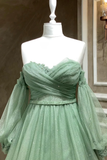 Niulatu Green Tulle Puffy Sleeves Formal Dresses A Line Green Long Evening Gown HZ1007