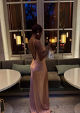 Niulatu Pink A Line Spaghetti Strap Satin Open Back Prom Dress Wedding Guest Dress HZ0113