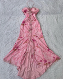 Niulatu Chiffon Print Floral Ruffle Evening Dress Halter Mermaid Prom Dress HZ1007